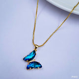 Copper Cubic Zirconia Crystal Blue Gold Butterfly Pendant Chain Women