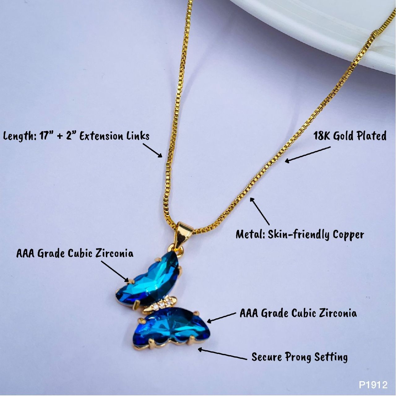 Copper Cubic Zirconia Crystal Blue Gold Butterfly Pendant Chain
