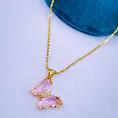 Copper Cubic Zirconia Crystal Pink Gold Butterfly Necklace Pendant Chain Women 