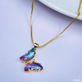 Copper Cubic Zirconia Crystal Purple Blue Gold Butterfly Pendant Chain