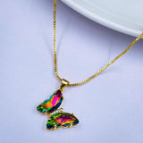 Copper Cubic Zirconia Crystal Multi Color Gold Butterfly Pendant Chain