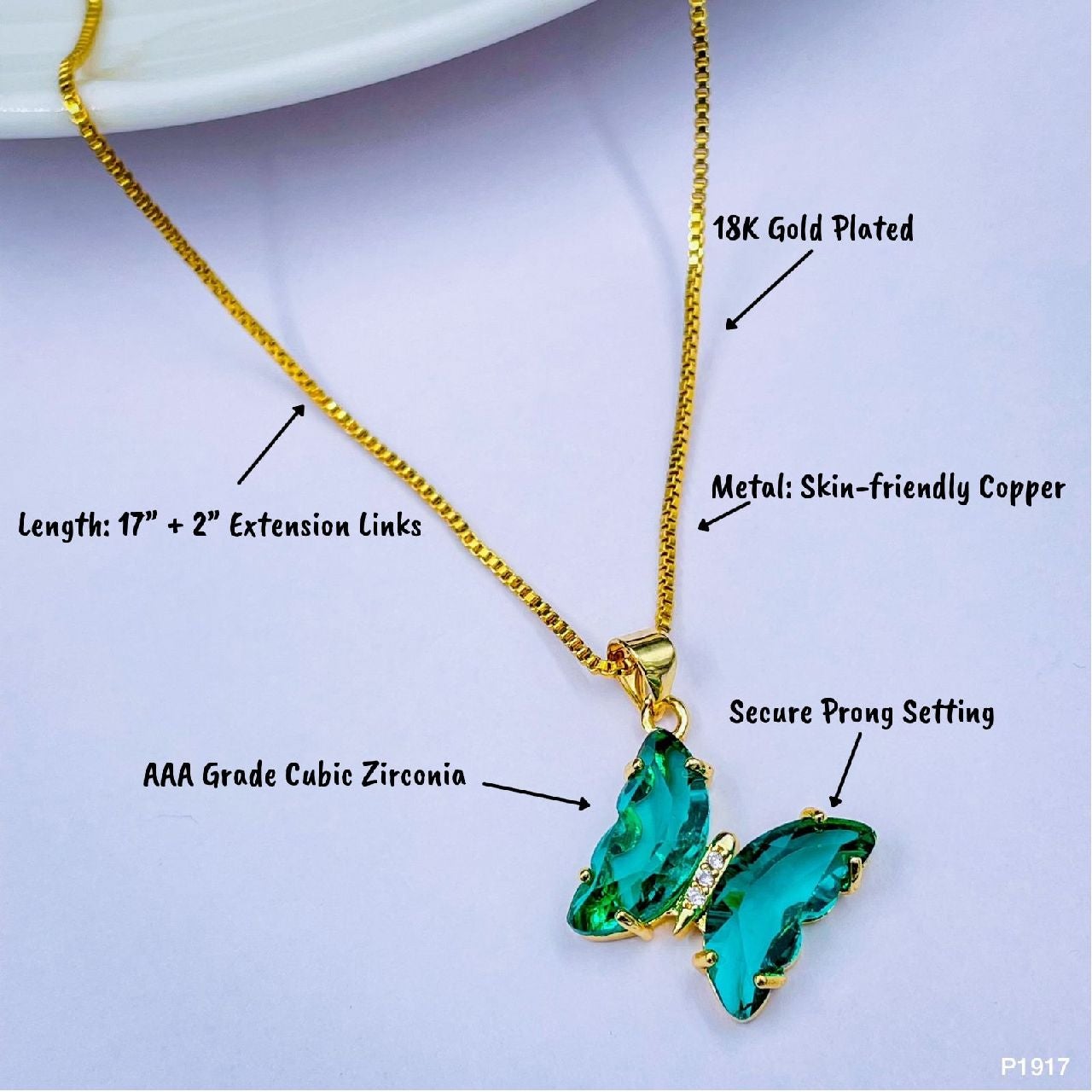Copper Cubic Zirconia Crystal Green Butterfly Pendant Chain Women