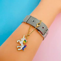 Brass Enamel Unicorn Watch charm For Women White Gold