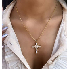 Baguette Copper Cubic Zirconia Gold Jesus Cross Pendant Chain