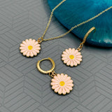 Daisy Flower Brass Gold Pink Enamel Pendant Chain Earring Set For Women