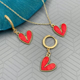 Heart Brass Gold Red Enamel Pendant Chain Earring Set For Women