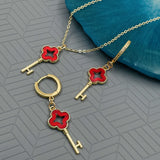 Key Brass Gold Red Enamel Pendant Chain Earring Set For Women