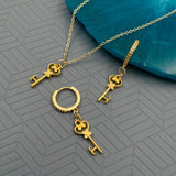 Key Brass Gold Yellow Enamel Pendant Chain Earring Set For Women