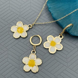 Flower Brass Gold White Yellow Enamel Pendant Chain Earring Set For Women