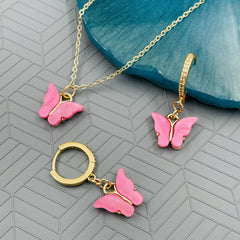 Butterfly Brass Gold Pink Enamel Pendant Chain Earring Set For Women