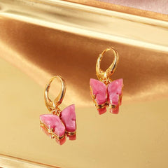 Copper Butterfly Gold Dark Pink Hoop Stud Earring Pair For Women