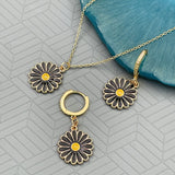 Brass Enamel Cubic Zirconia Black Gold Daisy Flower Pendant Chain Earring For Women Girls