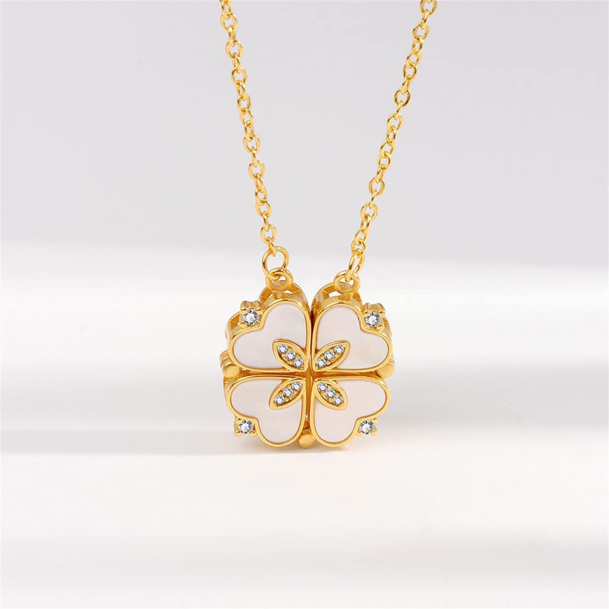 Clover Stainless Steel Cubic Zirconia Magnet Openable Necklace Pendant Chain Women Gold White