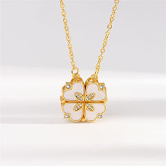 Clover Stainless Steel Cubic Zirconia Magnet Openable Necklace Pendant Chain Women Gold White
