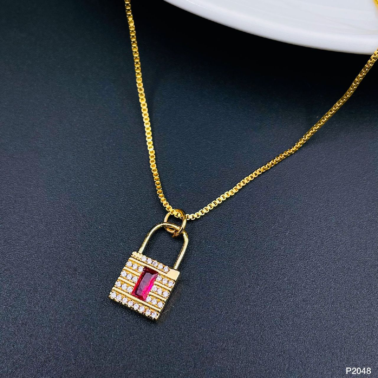Copper Crystal Pink Gold Lock Pendant Chain Women