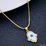 Copper Cubic Zirconia Gold Blue Evil Eye Hamsa Necklace Pendant Chain