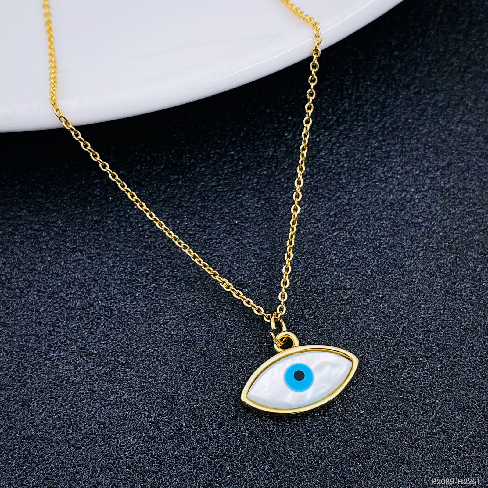 Copper Mother Of Perl Gold Blue Evil Eye Oval Necklace Pendant Chain