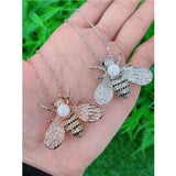 Insect Honey Bee Pearl Cubic Zirconia 18K Rose Gold Pendant Chain for Women