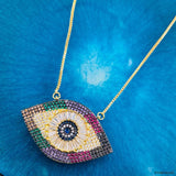Copper Large Colorful Evil Eye Baguette Studded Necklace Pendant Women