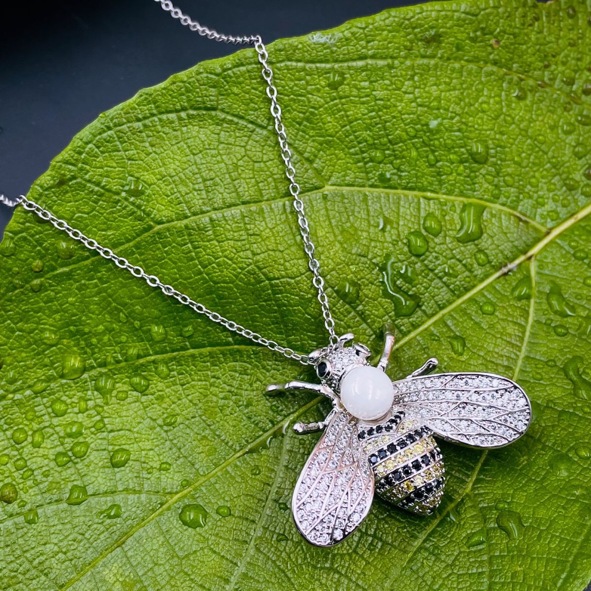 Insect Honey Bee Pearl Cubic Zirconia Silver Copper Pendant Chain