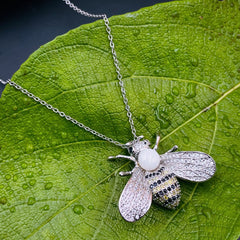 Insect Honey Bee Pearl Cubic Zirconia Silver Copper Pendant Chain