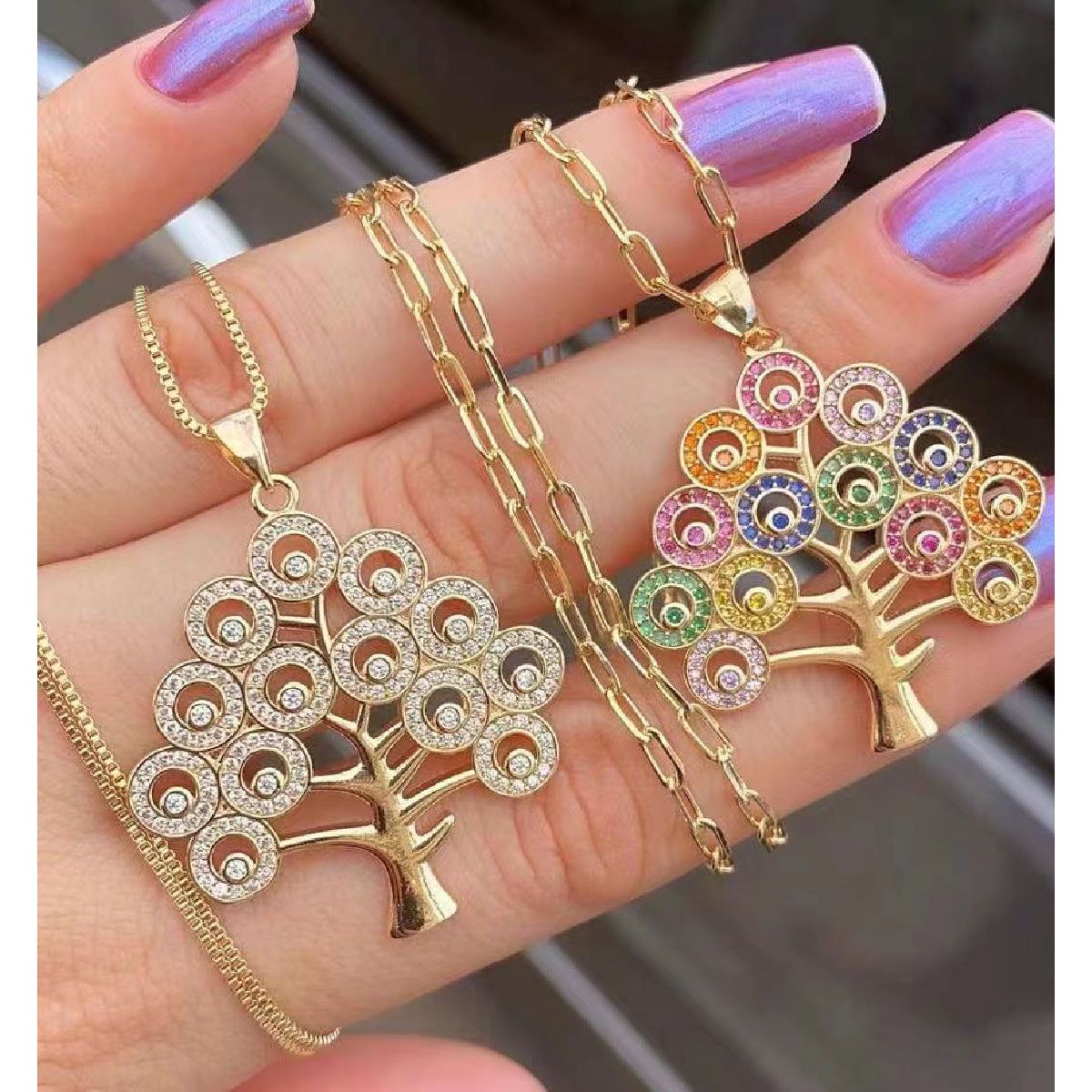 Tree of Life Cubic Zirconia 18K Gold Necklace Pendant Chain for Women