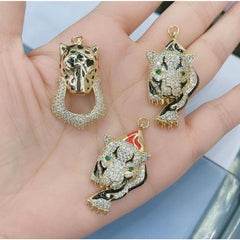 Tiger Cub Black Green Eye Cubic Zirconia 18K Gold Pendant Chain