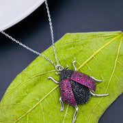 Lady Bird Insect Pink Black Studded Silver Pendant Chain for Women