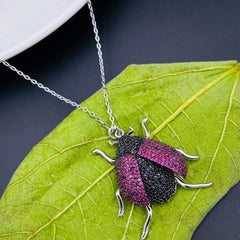 Lady Bird Insect Pink Black Studded Silver Pendant Chain Women