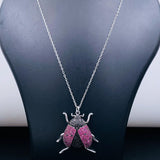 Lady Bird Insect Pink Black Studded Silver Pendant Chain for Women