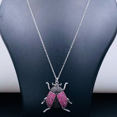 Lady Bird Insect Pink Black Studded Silver Pendant Chain Women