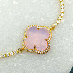 Pink Gold Quartz Clover Flower 18K Adjustable Slider Bracelet for Women