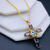 Amethyst Purple Evil Eye Cross Jesus Cubic Zirconia 18K Gold Copper Pendant Chain
