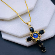 Black Sapphire Blue Evil Eye Cross Jesus Cubic Zirconia 18K Gold Copper Pendant Chain
