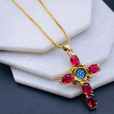 Ruby Red Evil Eye Cross Jesus Cubic Zirconia 18K Gold Copper Pendant Chain