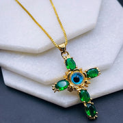 Emerald Green Evil Eye Cross Jesus Cubic Zirconia 18K Gold Copper Pendant Chain