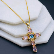 Pink Sapphire Evil Eye Cross Jesus Cubic Zirconia 18K Gold Copper Pendant Chain