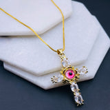 White Evil Eye Cross Jesus Cubic Zirconia 18K Gold Copper Pendant Chain