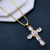 White Cross Jesus Cubic Zirconia 18K Gold Copper Pendant Chain