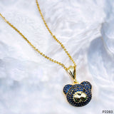 Dark Blue Teddy Bear Cubic Zirconia 18K Gold Pendant Links Chain for Women