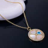 Four Hearts Love Mother of Pearl Evil Eye Medallion 18K Gold Pendant Chain for Women