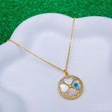 Four Hearts Love Mother of Pearl Evil Eye Medallion 18K Gold Pendant Chain for Women