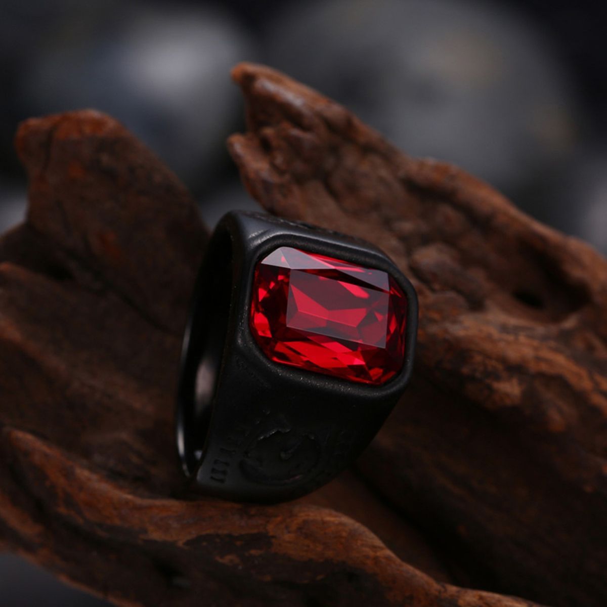 Stylish Daily Party Biker Deep Ruby Red Black Ring Men Boys Gents