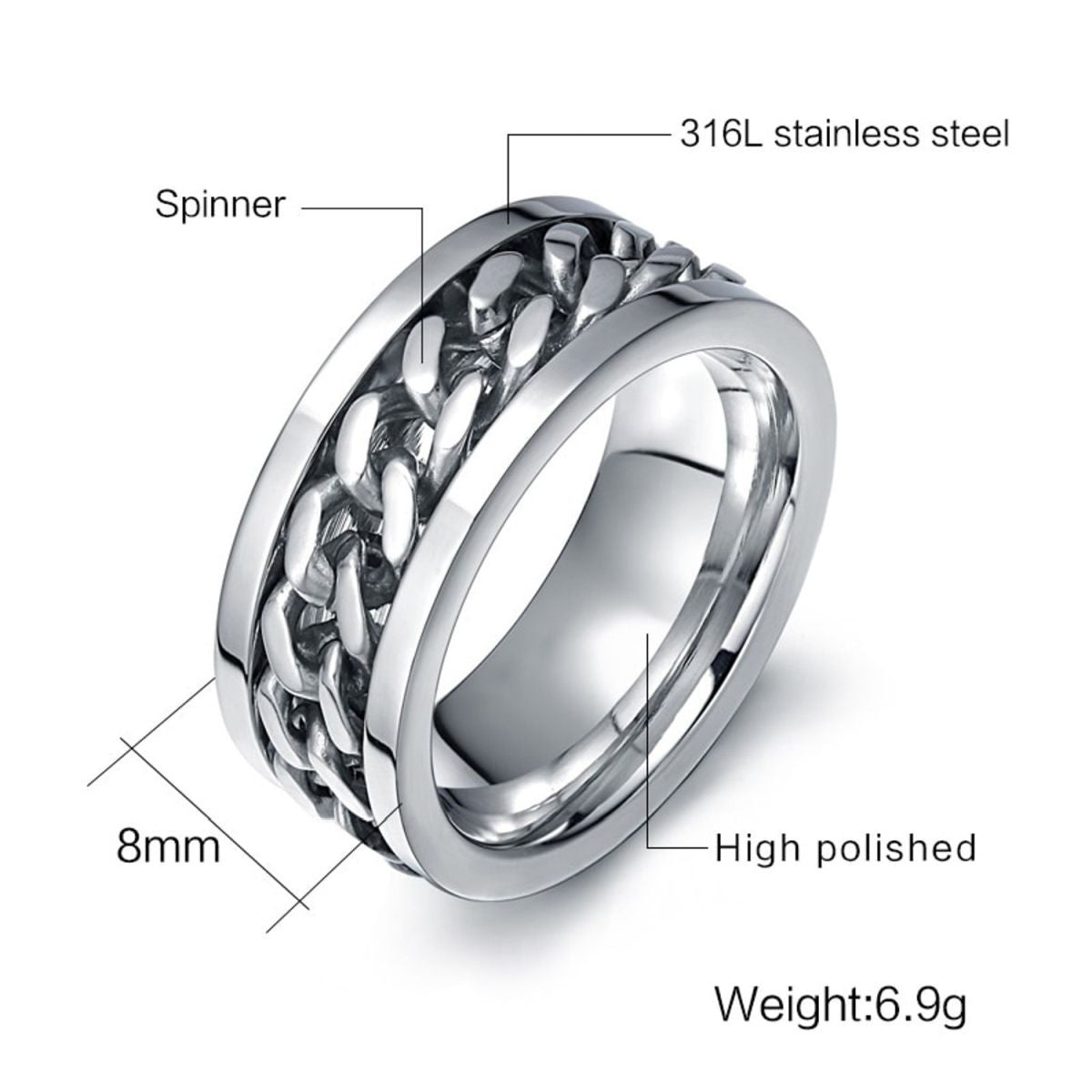 Rotatable Fidget Spinner Curb Chain Stainless Steel Eternity Swivel Band Ring