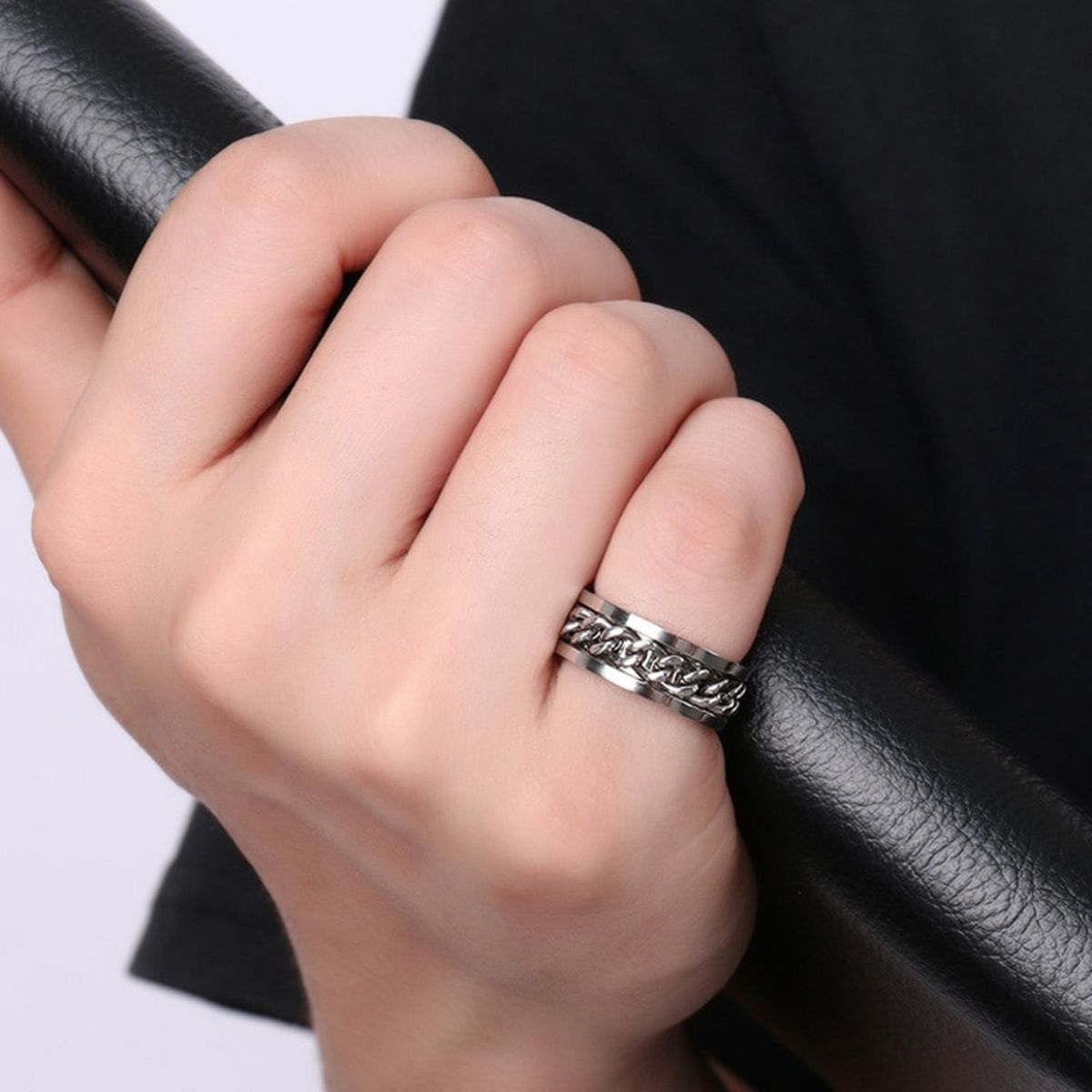Rotatable Fidget Spinner Curb Chain Stainless Steel Eternity Swivel Band Ring