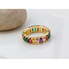 Rainbow Baguette Crystal Gold Band Ring For Women Gift