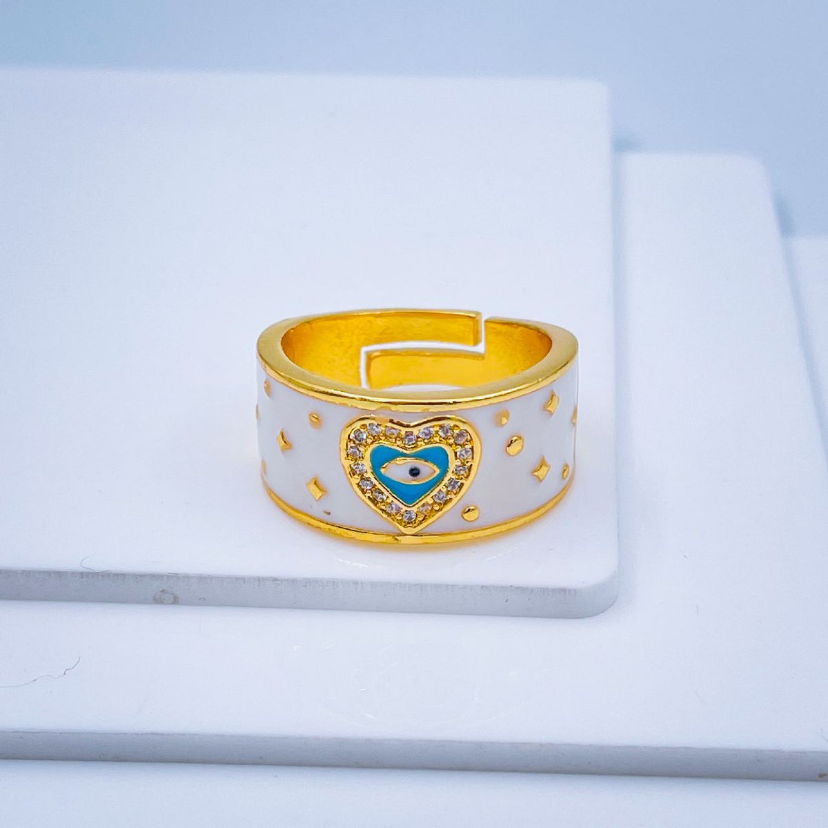 Heart Evil Eye White Enamel Gold Adjustable Free Size Band Ring Women Gift