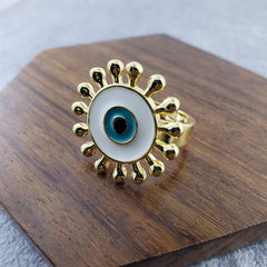 Flower Round Evil Eye Blue Enamel Gold Adjustable Free Size Band Ring Women Gift