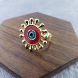 Flower Round Evil Eye Blue Enamel Gold Adjustable Free Size Band Ring Women Gift