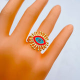 Flower Evil Eye White Enamel Gold Adjustable Free Size Band Ring Women Gift